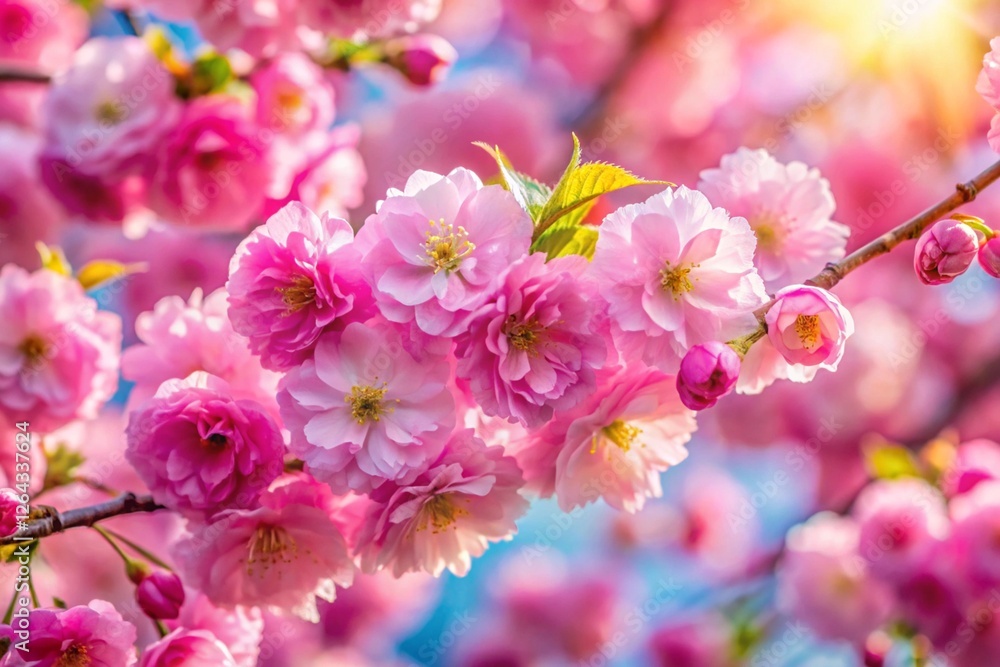 Beautiful spring natural background with bright pink cherry blossom flowers close up macro.