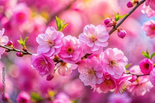 Beautiful spring natural background with bright pink cherry blossom flowers close up macro.