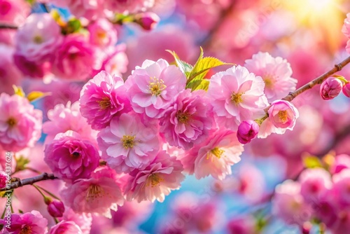 Beautiful spring natural background with bright pink cherry blossom flowers close up macro.