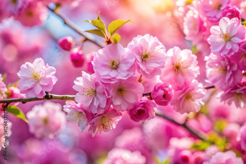 Beautiful spring natural background with bright pink cherry blossom flowers close up macro.