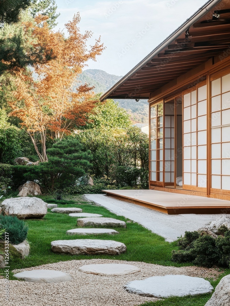 Obraz premium Peaceful japanese garden with stepping stones and traditional architecture