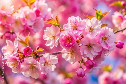Beautiful spring natural background with bright pink cherry blossom flowers close up macro.