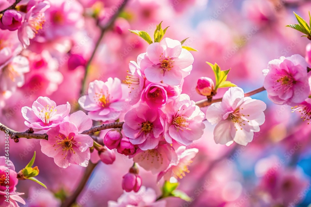 Beautiful spring natural background with bright pink cherry blossom flowers close up macro.