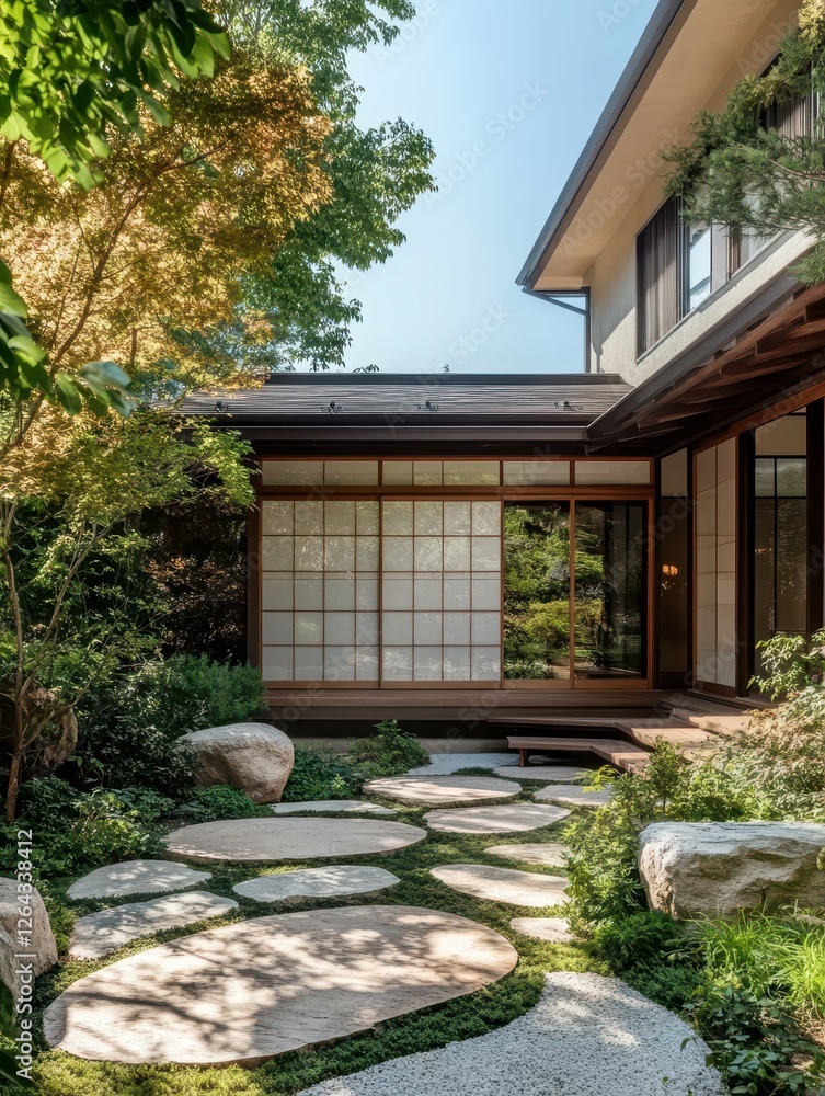 Obraz premium Japanese style house with garden path and sliding doors
