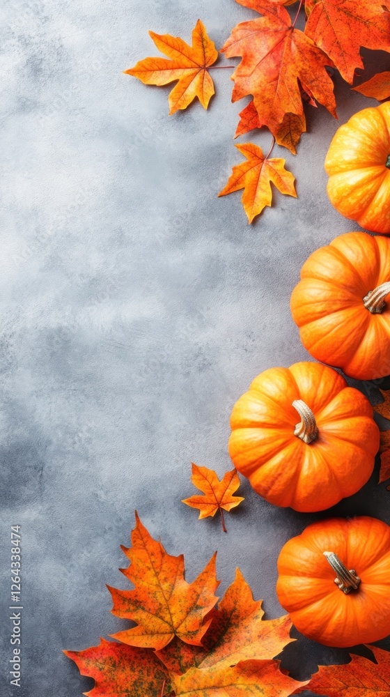 A collection of vibrant orange pumpkins surrounded by autumn leaves on a textured surface. A collection of vibrant orange pumpkins surrounded by autumn leaves on a textured surface.