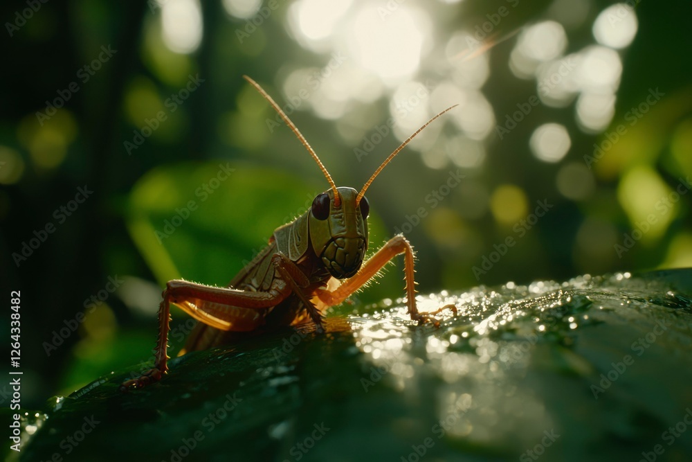 Fototapeta premium Close up of a grasshopper on a leaf in bright sunlight, lush greenery backdrop