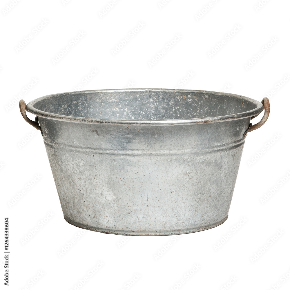 Metallic galvanized steel bucket with handles on a white background for industrial use Metallic galvanized steel bucket with handles on a white background for industrial use