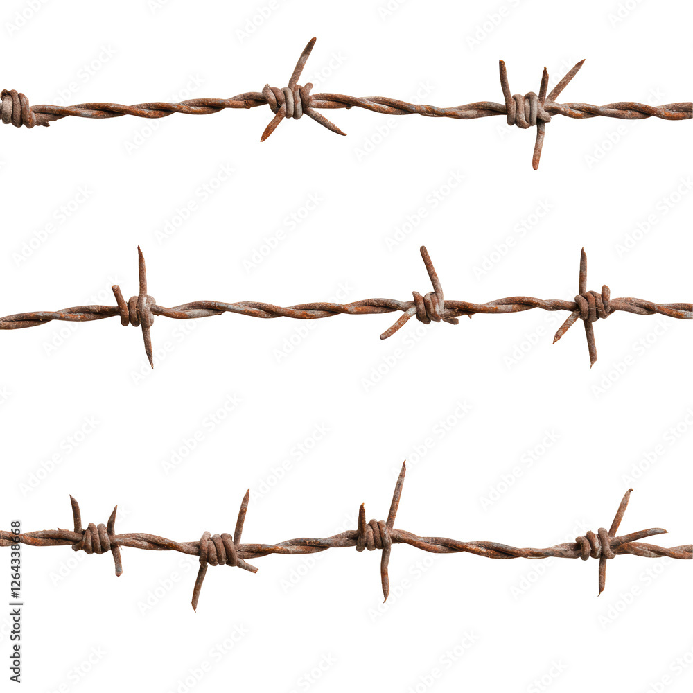 Fototapeta premium Rusty Barbed Wire Fence Against a White Background Highlighting Industrial Decay and Security