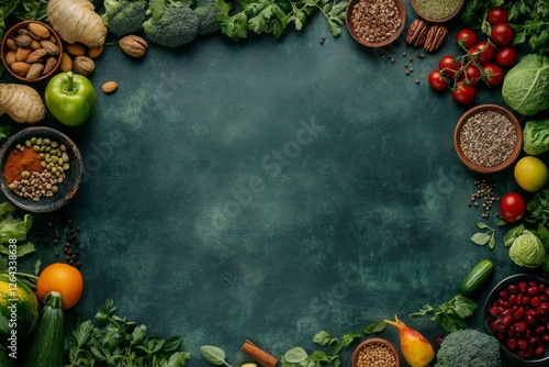 Vibrant Green Food Frame: Fresh Produce and Spices on Rustic Background