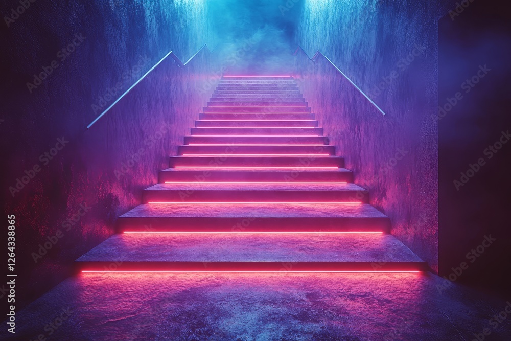 Fototapeta premium Glowing Neon Light Staircase in Dark Room with Blue and Red Colors, 3D Render.