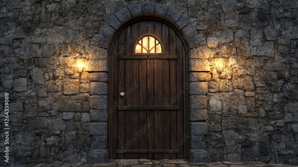 Old wooden door of medieval castle. Vector cartoon illustration of stone wall, arch doorway, illuminated windows. Ancient dungeon, underground prison, royal palace, fortress facade. Game background Old wooden door of medieval castle. Vector cartoon illustration of stone wall, arch doorway, illuminated windows. Ancient dungeon, underground prison, royal palace, fortress facade. Game background