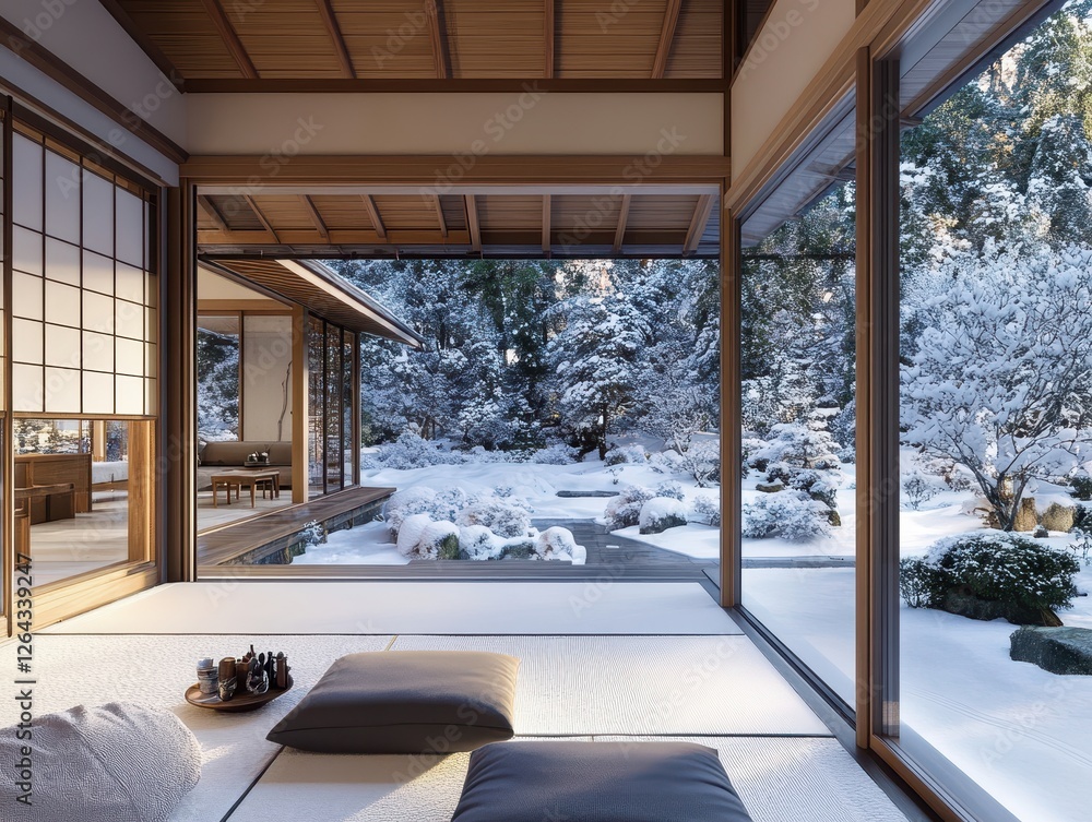 Fototapeta premium Japanese room offers tranquil winter garden view with snow