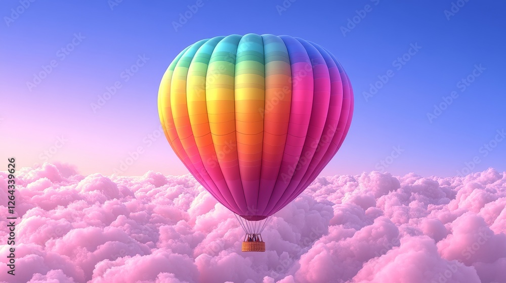 Obraz premium Rainbow Hot Air Balloon Soaring Above Pastel Clouds Dreamy Aerial View