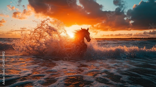 Horse runs ocean sunset waves beach freedom photo