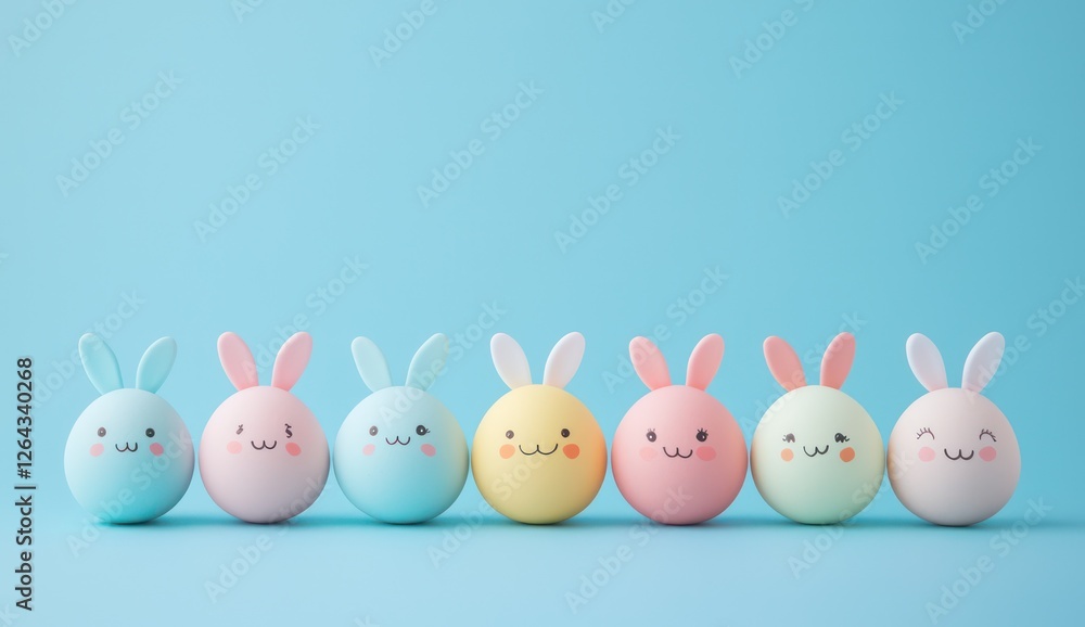 Blue background, row of charming Easter eggs with pastel bunny ears.