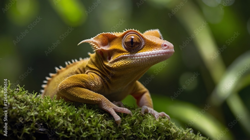 Obraz premium Radiant Crested Gecko Perched in Sunlit Rainforest, Surrounded by Lush Greenery