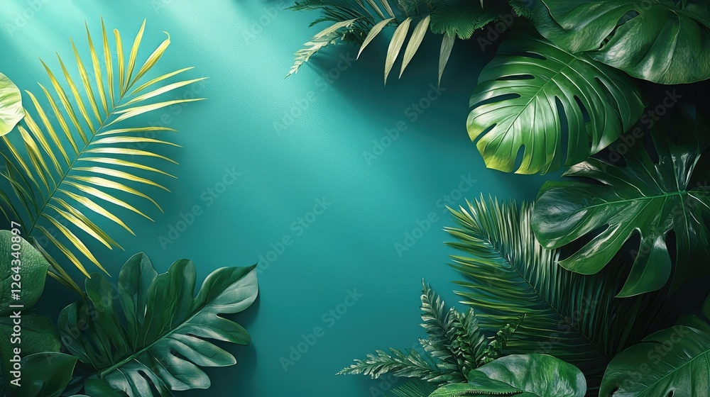 Lush Green Tropical Leaves Framing a Vibrant Teal Background with Soft Light Effects Lush Green Tropical Leaves Framing a Vibrant Teal Background with Soft Light Effects