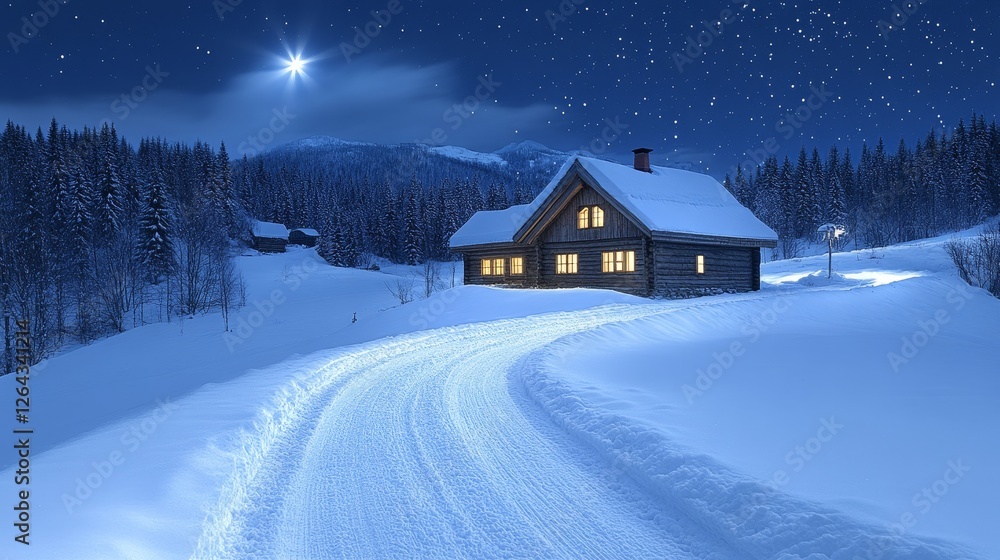 Serene Winter Night Cabin Snowy Path Starlight Scene Serene Winter Night Cabin Snowy Path Starlight Scene