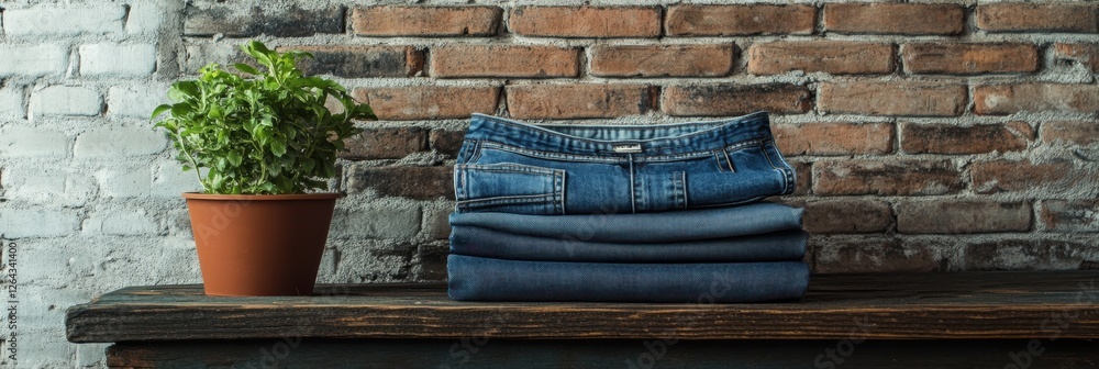 Denim clothing displayed on rustic wooden surface against a vintage brick wall with a greenery accent. Generative AI Denim clothing displayed on rustic wooden surface against a vintage brick wall with a greenery accent. Generative AI