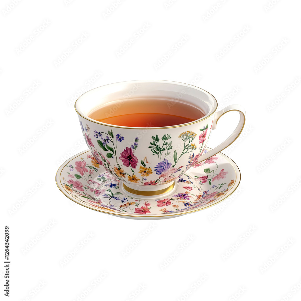 Floral Teacup with Tea on Saucer Floral Teacup with Tea on Saucer