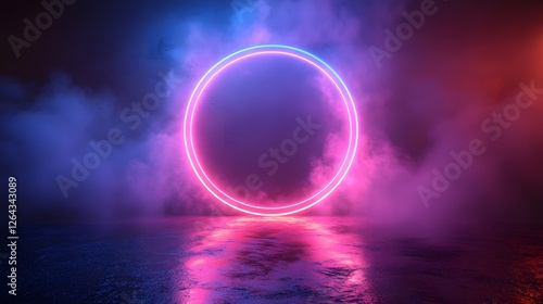 Wallpaper Mural Neon circle glow in misty scene with reflection on wet surface Torontodigital.ca