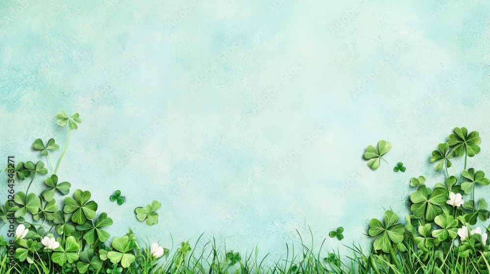 A serene background featuring lush green clovers and soft grass against a light blue backdrop, ideal for nature-themed designs or springtime motifs. A serene background featuring lush green clovers and soft grass against a light blue backdrop, ideal for nature-themed designs or springtime motifs.