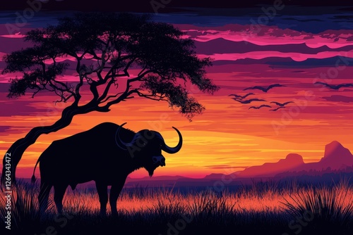 Silhouetted cape buffalo under acacia tree at sunset, vibrant African savanna landscape. Ideal for travel, wildlife, and African themes, evokes peace and serenity. photo