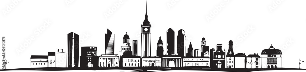 Naklejka premium City landscape. Different buildings on street, outline cityscape hand sketch, flat houses. Hand drawn vector illustration