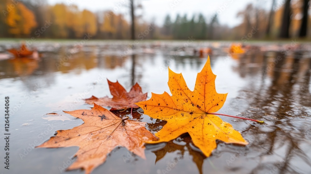 Vibrant autumn leaves resting on a reflective puddle in a serene park setting Vibrant autumn leaves resting on a reflective puddle in a serene park setting