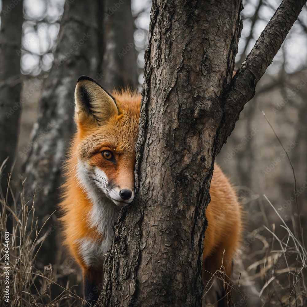 Fototapeta premium A playful fox peering out from behind a tree, its fur rich and vibrant against white.