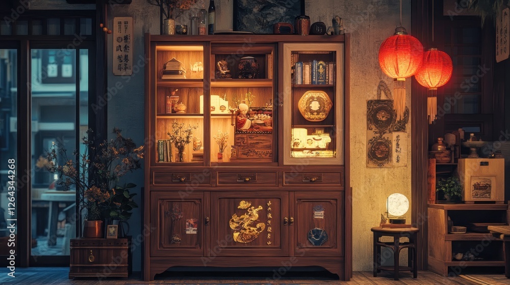 A cozy, illuminated wooden cabinet filled with decorative items and warm ambiance. A cozy, illuminated wooden cabinet filled with decorative items and warm ambiance.