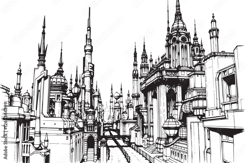 Fototapeta premium City landscape. Different buildings on street, outline cityscape hand sketch, flat houses. Hand drawn vector illustration