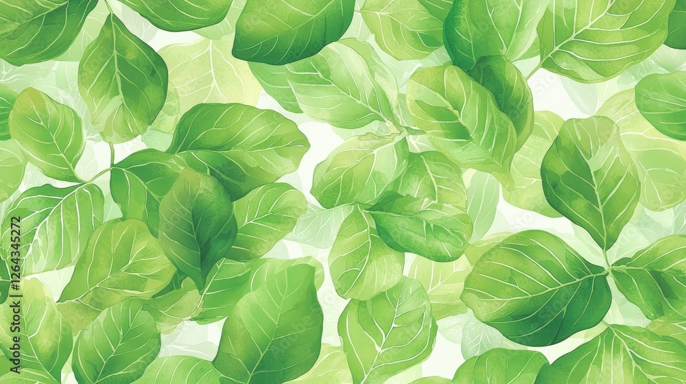 Lush Green Leaves Background with Varied Shapes and Textures, Ideal for Nature-Themed Designs