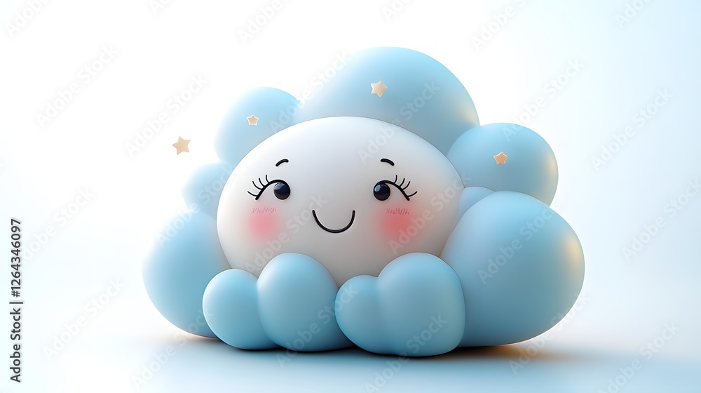 Cute and Whimsical Cartoon Cloud with Smiling Face and Stars in Pastel Blue Skies Cute and Whimsical Cartoon Cloud with Smiling Face and Stars in Pastel Blue Skies