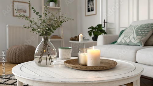 Close-up view of a white wooden round coffee table adorned with a glass vase and burning candle, set in a cozy living room with a Scandinavian home interior design emphasizing modern minimalism 
