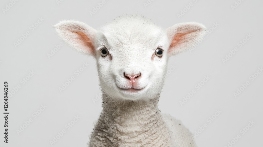 Fototapeta premium Adorable lamb portrait, studio shot, white background, farm animal