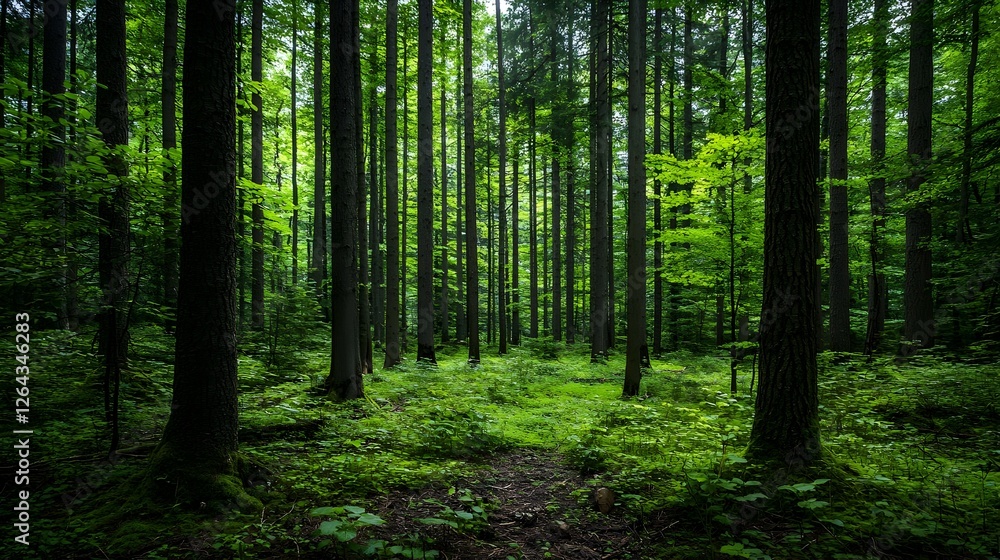 Obraz premium Lush Green Forest With Sunlight Filtering Through Dense Trees