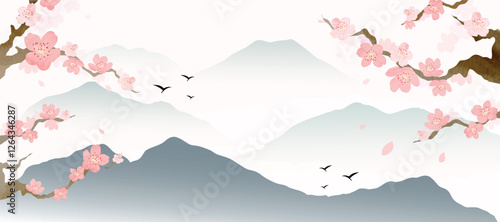 Spring Japanese Cherry blossom flower background vector. Wallpaper design of elegant watercolor sakura flower, branch, mountain, bird. Illustration for banner, wall decoration, backdrop, ads.