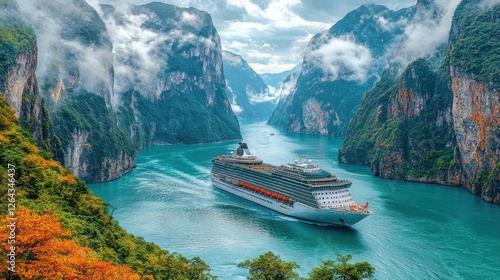 Cruise Ship Navigating the Majestic  Yangtze River Gorges in China