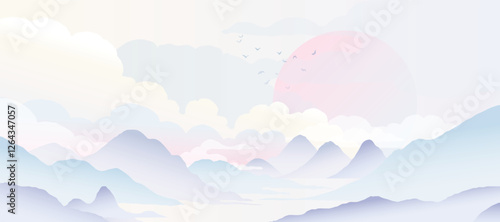 Japanese mountain background vector. Wallpaper design of elegant mountain, sun, bird. Illustration for banner, wall decoration, backdrop, ads.