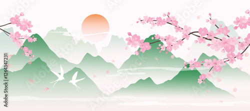 Spring Japanese Cherry blossom flower background vector. Wallpaper design of elegant sakura floral, branch, mountain, sun, bird. Illustration for banner, wall decoration, backdrop, ads.