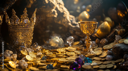 Treasure cave with golden coins in chest and wooden barrel, crystal gems, crown, sword in pile of gold and goblet with precious rocks, ancient fantasy magic tomb or mine, Cartoon vector illustration photo