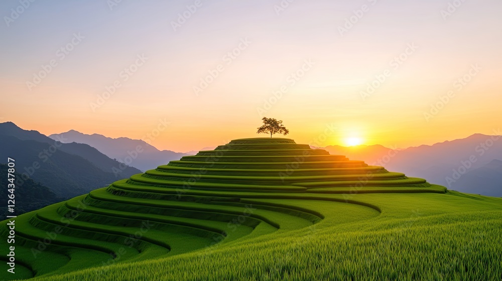 Serene sunrise over terraced rice fields with a solitary tree, mountains in the background
