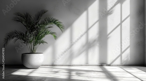 Lush green plant in a modern indoor setting with sunlight casting intricate shadows