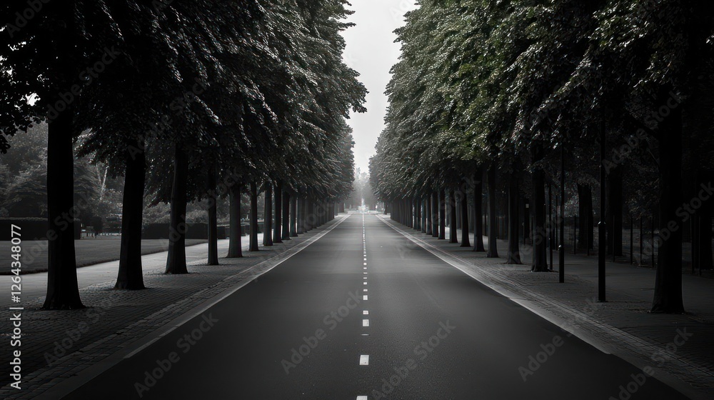 Empty Foggy Road With Trees