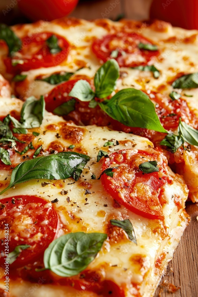 Fresh pizza with tomato and basil ready to serve at a restaurant. Stock photo Fresh pizza with tomato and basil ready to serve at a restaurant. Stock photo