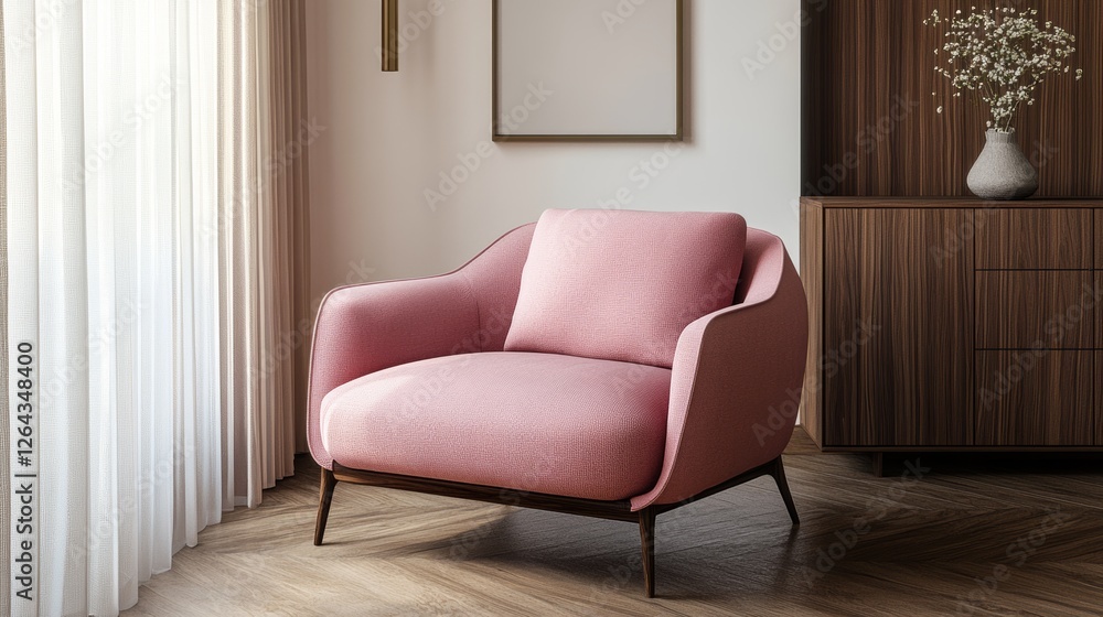 Fototapeta premium Modern interior living room design,cozy home have new pink armchair with white wall mockup with wood cabinet and wood floor parquet