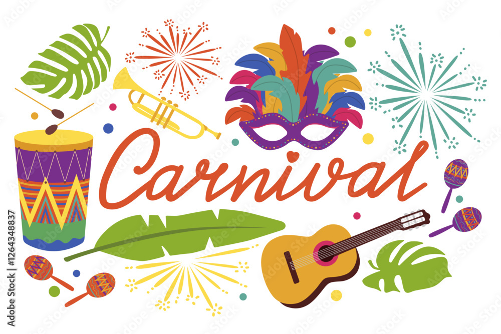 Naklejka premium Carnival. Carnival mask, feathers, drum, guitar and fireworks, tropical leaves on white background. Hand drawn vector.