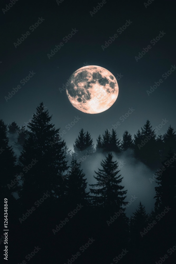Fototapeta premium Moon over dark forest with fog. Night scene, nature background, stock photo