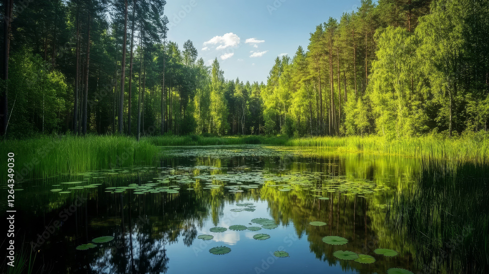 Summer forest with swamp or pond. Vector cartoon illustration of woods landscape with green grass, trees and lake with water lily leaves. Natural park or garden with river